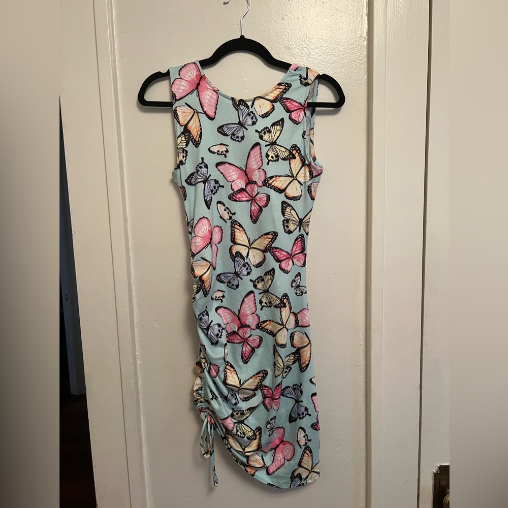 Haute Monde baby blue butterfly print dress backless with scrunch butt and side